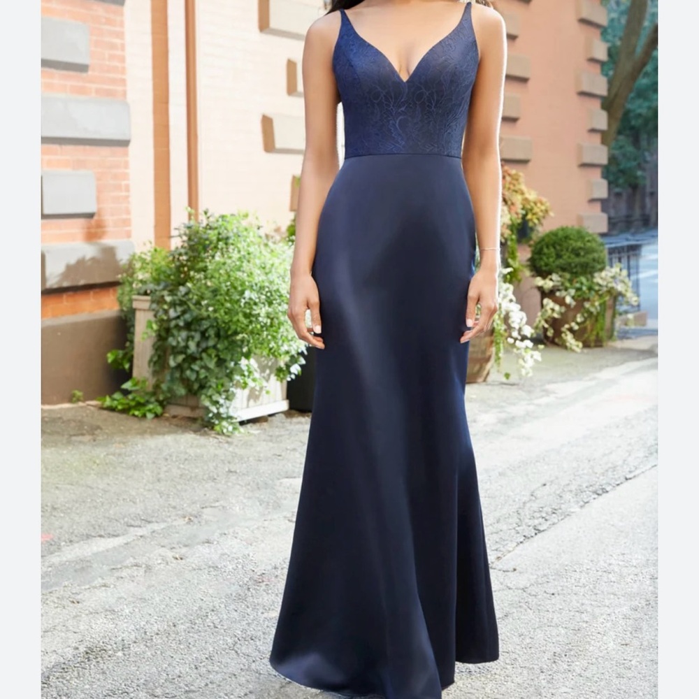 Hayley Paige Occasions V-Neck Blue Satin Lace Sleeveless Maxi Mermaid Dress 14